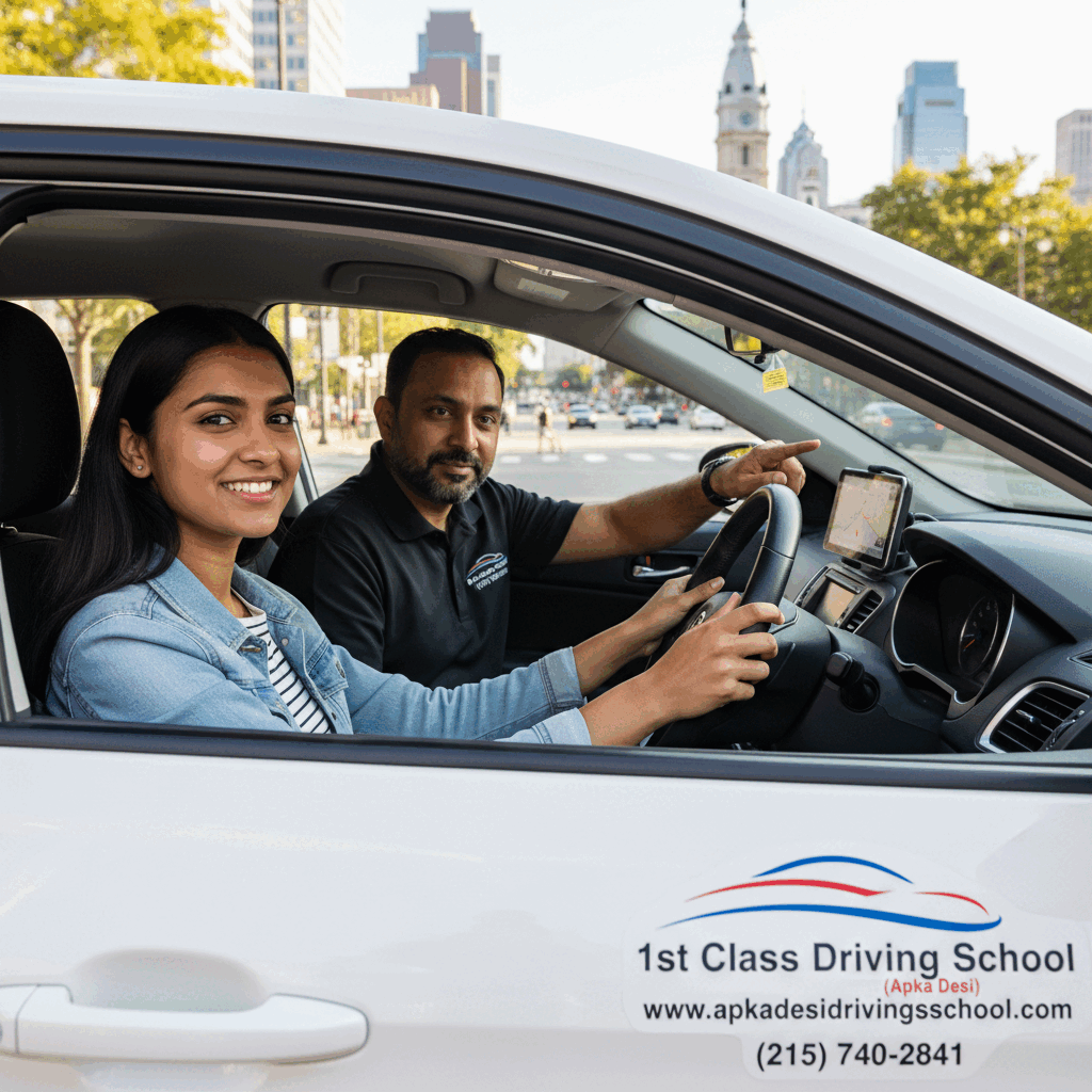A patient instructor from 1st Class Driving School provides driving lessons for anxious adults in Philadelphia, focusing on calm techniques.