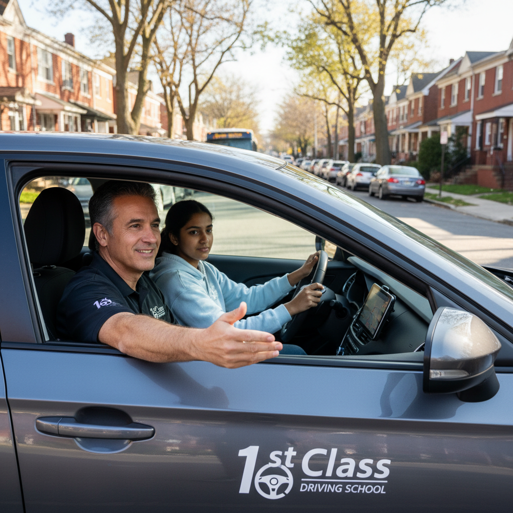 A patient driving instructor from 1st Class Driving School giving a lesson in a dual-control car in Philadelphia.