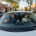 A nervous but hopeful student sitting in the driver's seat during a driving lesson in Philadelphia.