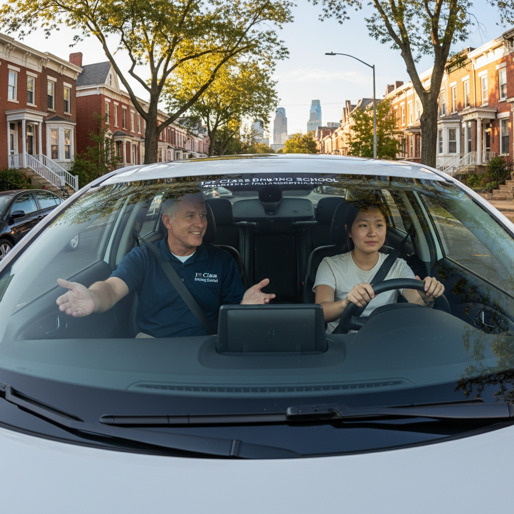 A nervous but hopeful student sitting in the driver's seat during a driving lesson in Philadelphia.