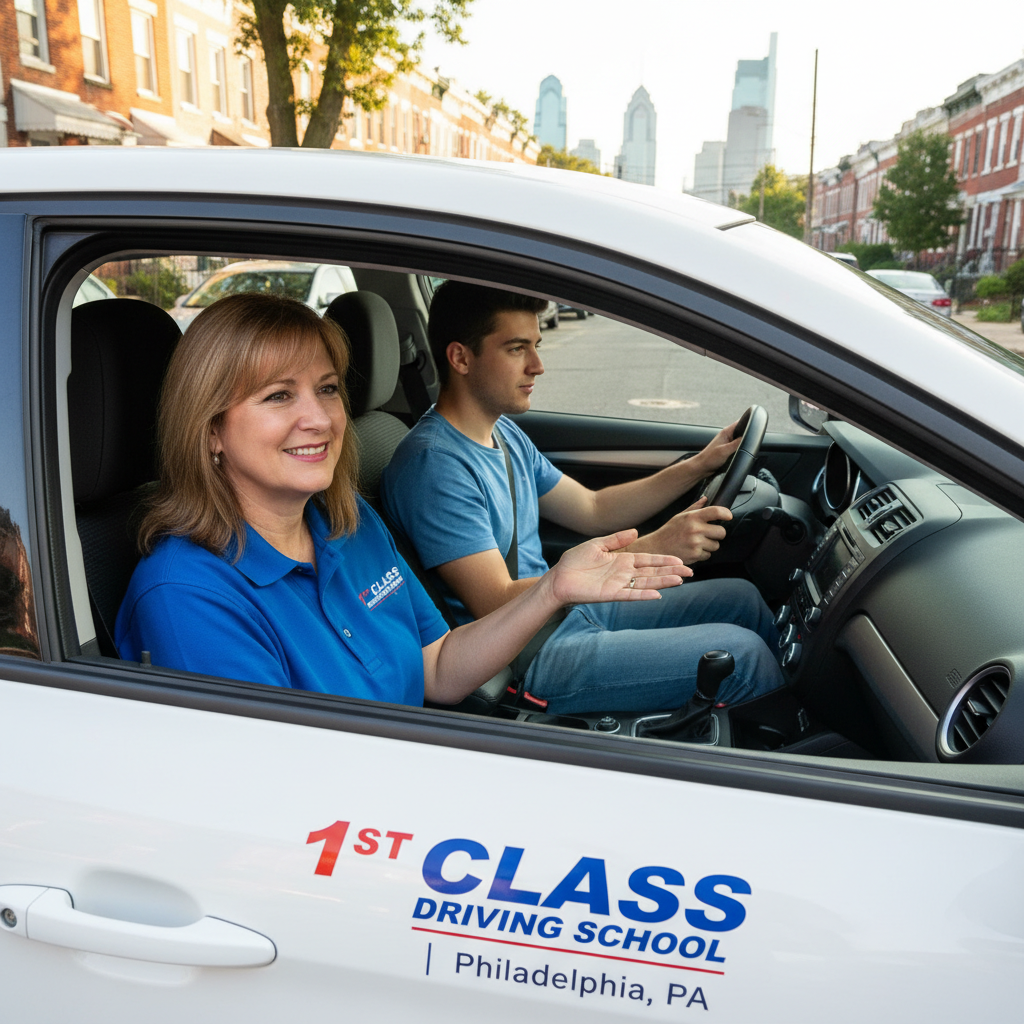 A nervous but determined student learning to drive in Philadelphia with a calm instructor.