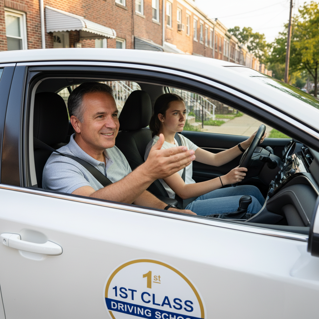 A nervous but hopeful student sitting in the driver's seat of a 1st Class Driving School car in Philadelphia.