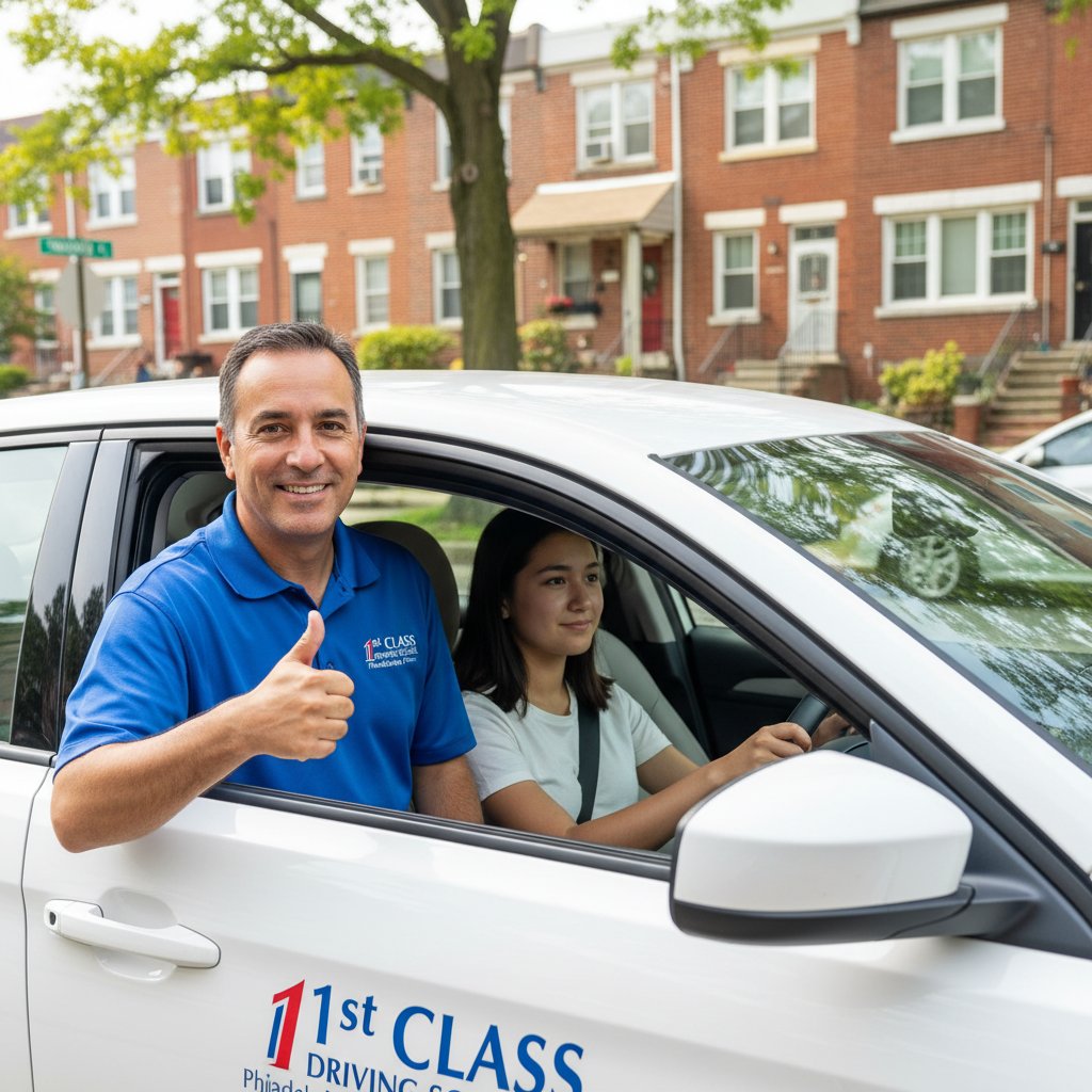 A nervous but hopeful student driver sitting in a car with a patient driving instructor in Philadelphia.