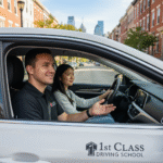 A nervous but smiling student driver behind the wheel during a driving lesson in Philadelphia.