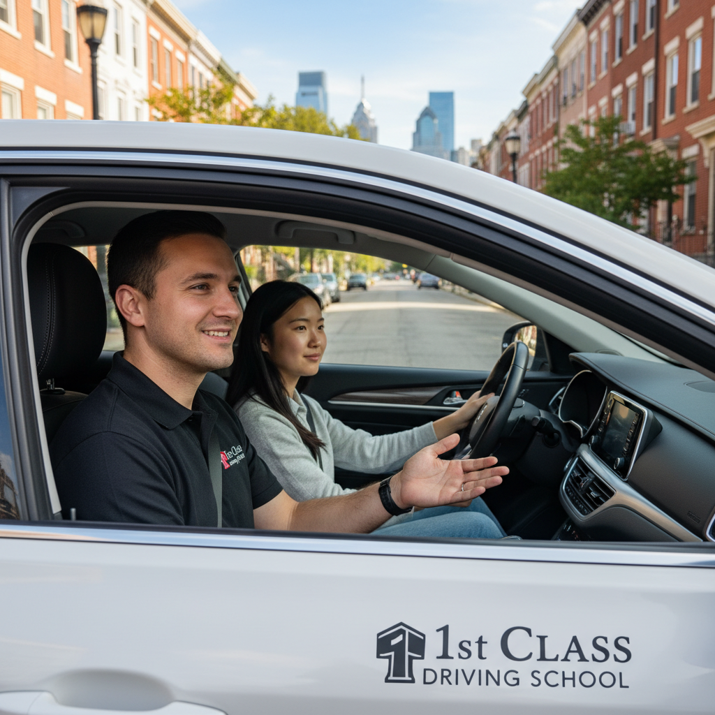 A nervous but smiling student driver behind the wheel during a driving lesson in Philadelphia.