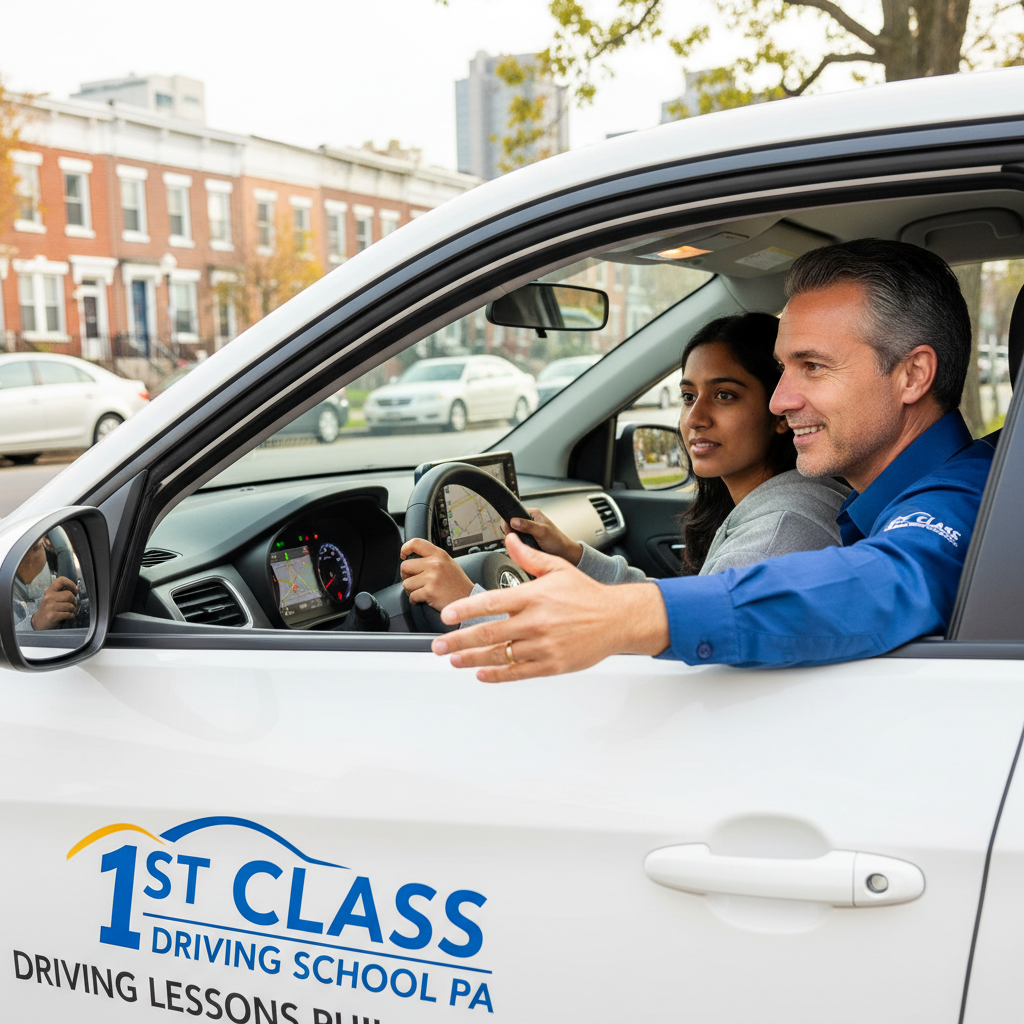 A patient driving instructor from 1st Class Driving School giving a lesson in a car with Philadelphia's City Hall in the background.