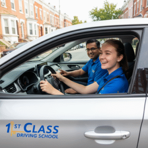A nervous but hopeful student driver sitting in a car with a 1st Class Driving School instructor in Philadelphia.