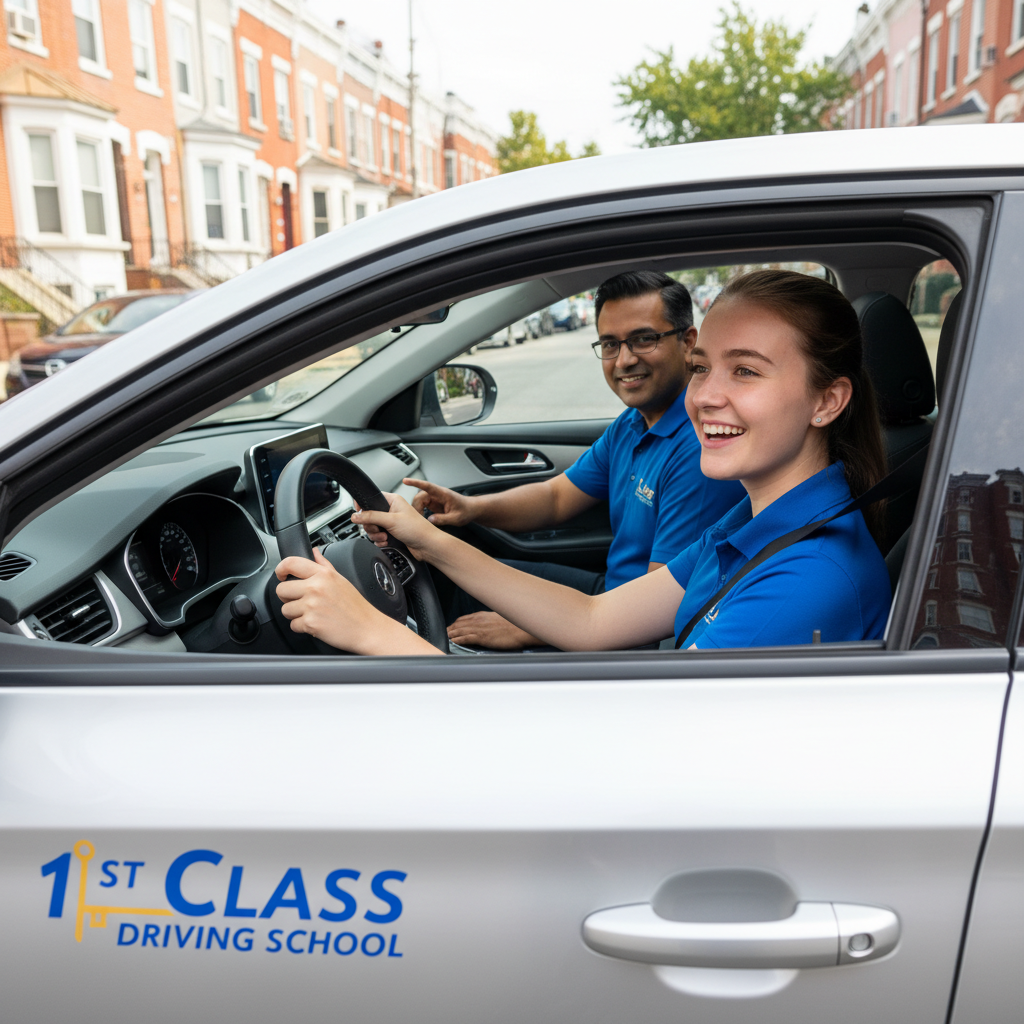 A nervous but hopeful student driver sitting in a car with a 1st Class Driving School instructor in Philadelphia.