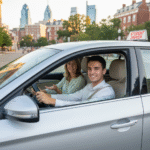 A nervous student driver gripping the steering wheel before their Philadelphia driving test.