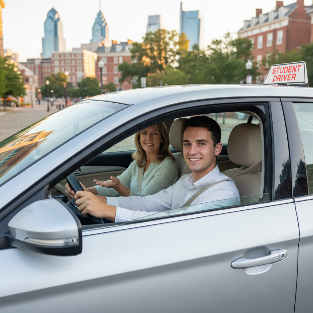 A nervous student driver gripping the steering wheel before their Philadelphia driving test.
