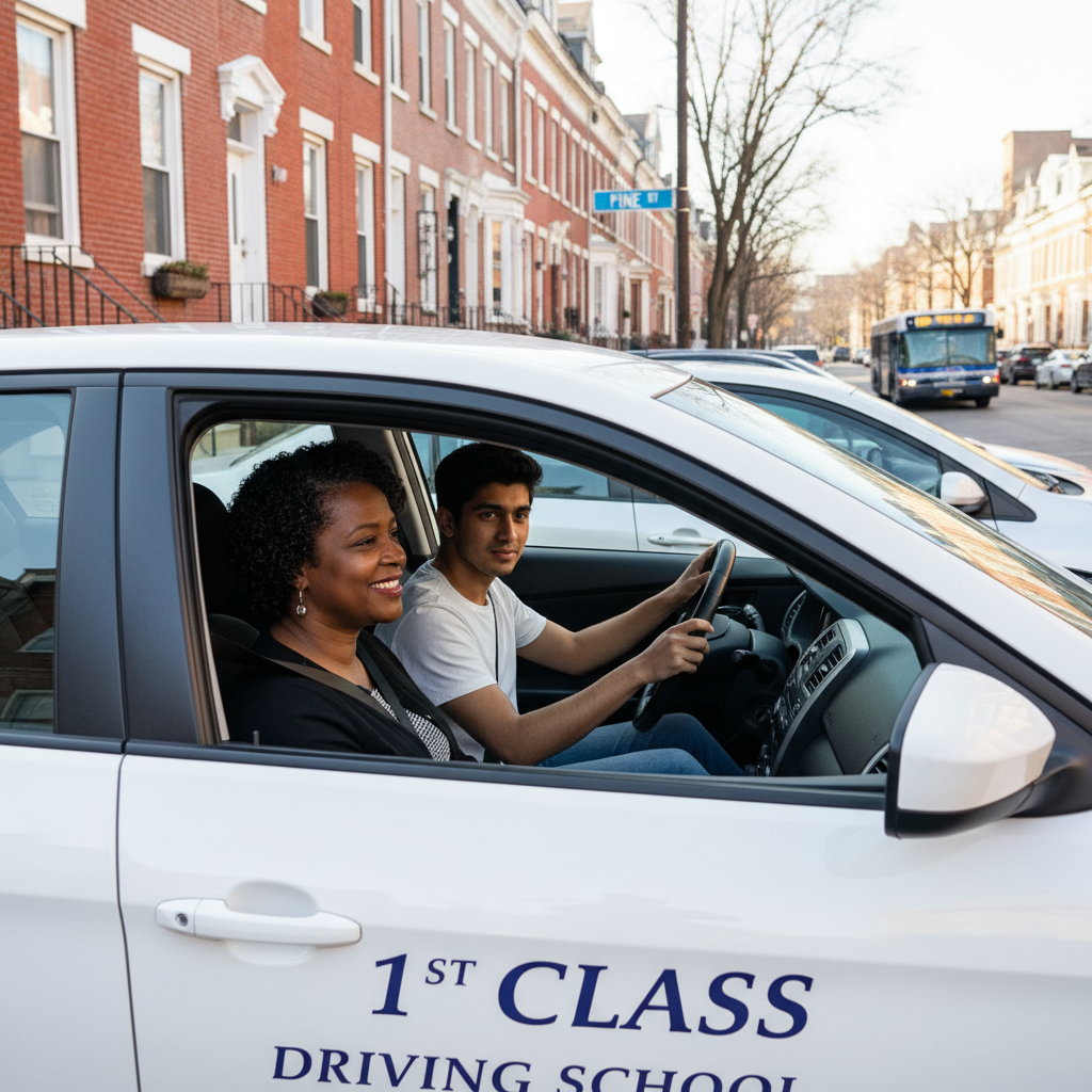 A student driver's hands on the steering wheel during a lesson on a Philadelphia city street.