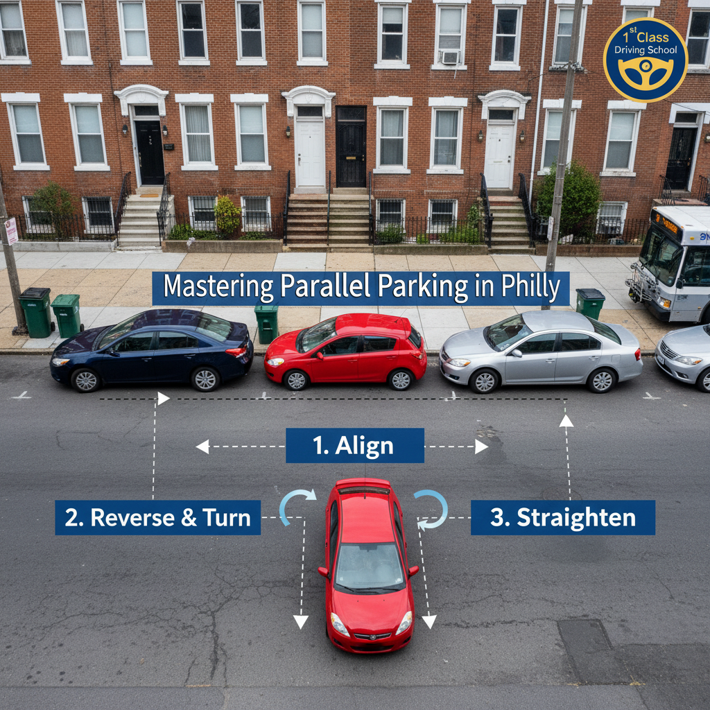 A 1st Class Driving School car with dual controls shown, parked on a Philadelphia street.