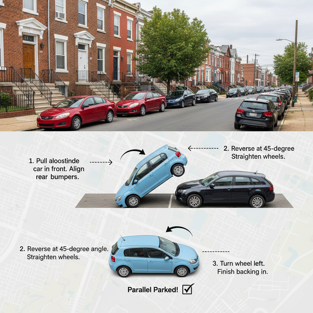 A diagram showing the step-by-step process for parallel parking in a tight city space.