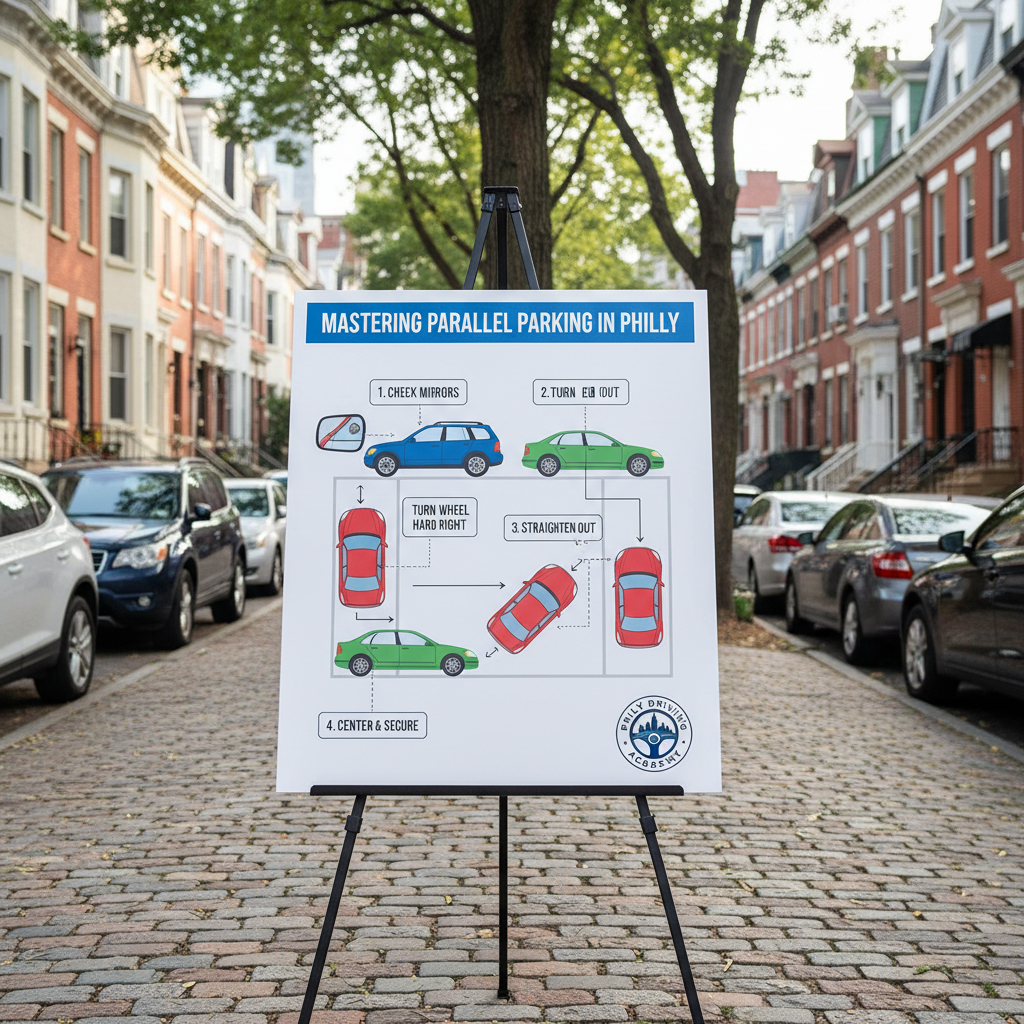 A diagram showing the correct steps for parallel parking on a tight South Philly street.