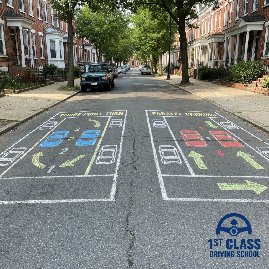 A diagram showing the correct steps for parallel parking on a narrow South Philly street.