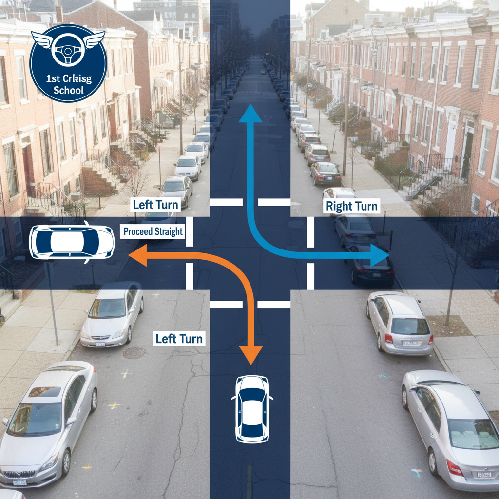 Educational diagram for intersection navigation driving technique