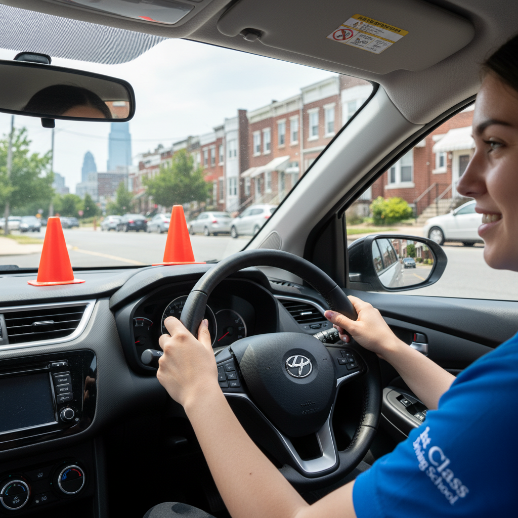A diagram showing the step-by-step method for parallel parking for the PA driver's license test.
