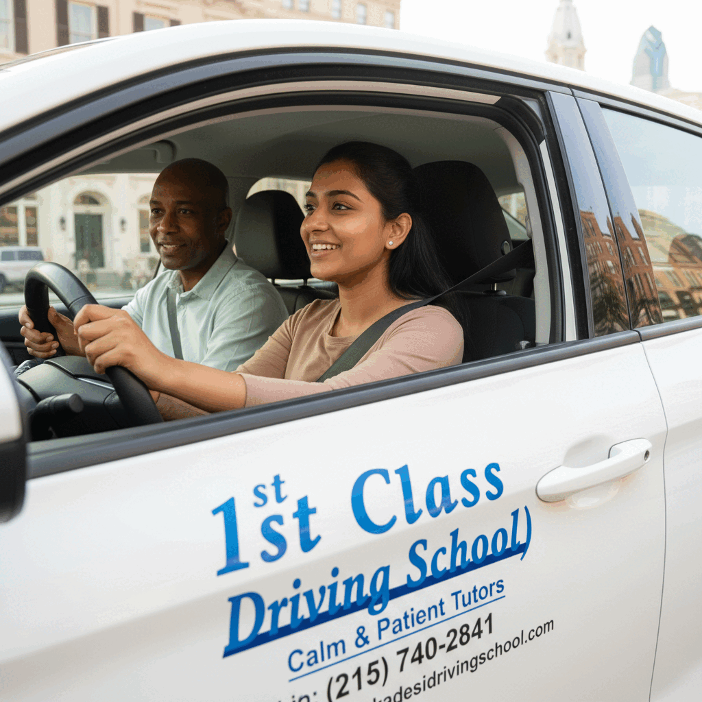A patient instructor provides nervous driver lessons Philadelphia in a calm, supportive environment inside a dual-control vehicle.