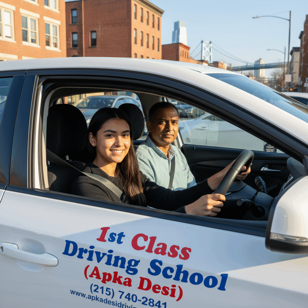 A student driver confidently navigating a course to pass the Malvern PA road test with an instructor.