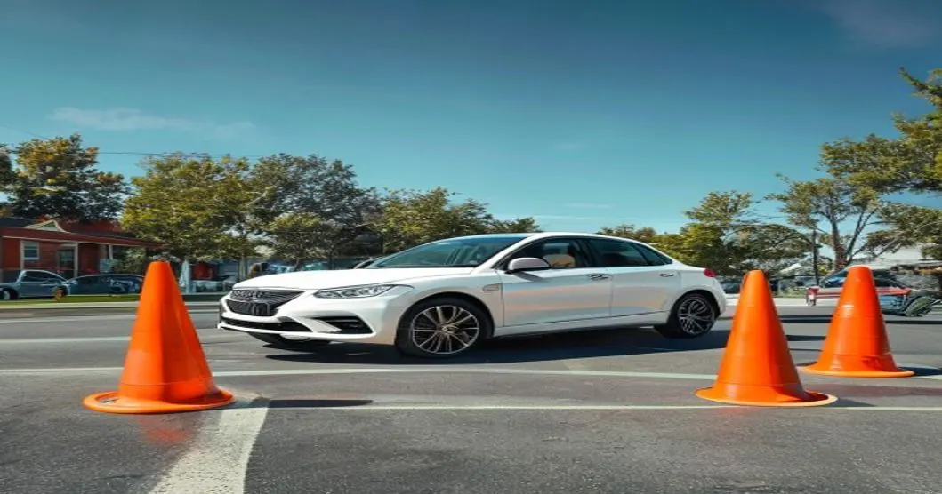 A white sedan perfectly parallel parked within the 24x8 foot parallel parking test dimensions in Pennsylvania, marked by orange traffic cones on a suburban street.