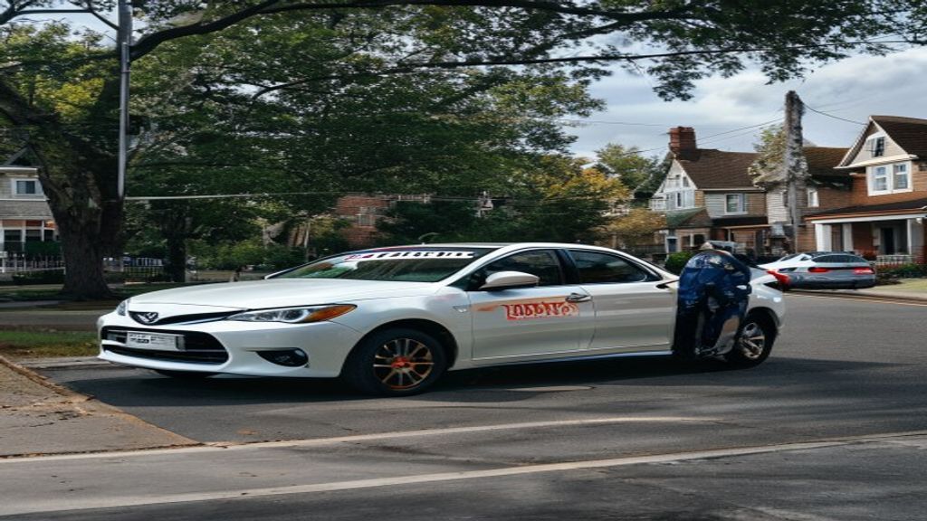 A white student driver training car parked on a residential street in Bristol PA 19007.