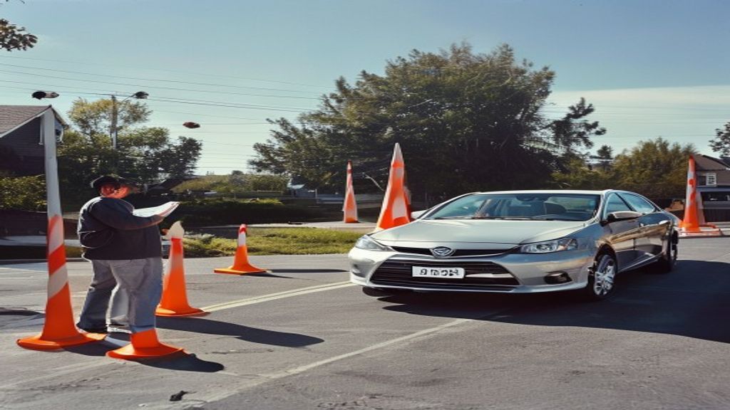 A student driver practicing the parallel parking test rules in PA between orange cones and a concrete curb